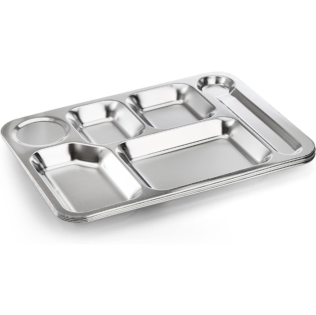 6 Sections Dinner Plates for School Canteen Stainless Steel Rectangular Divided Plates Tray