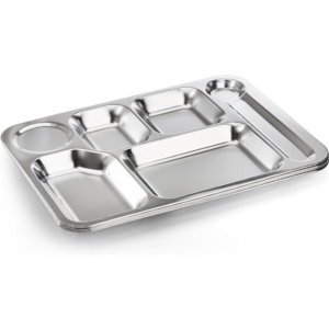 6 Sections Dinner Plates for School Canteen Stainless Steel Rectangular Divided Plates Tray