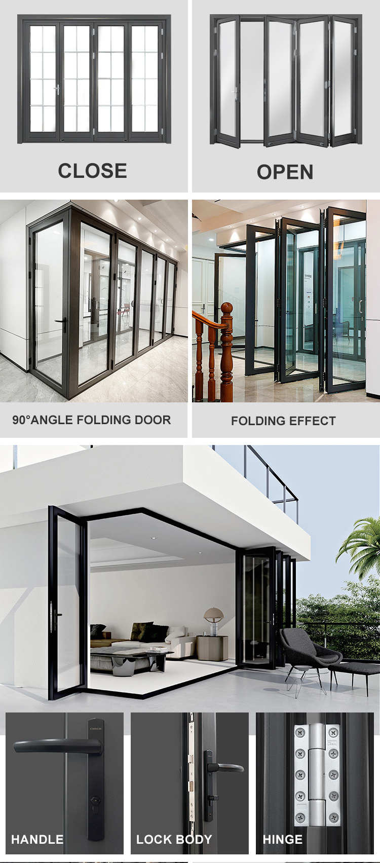 Large Modern Internal Lockable Accordion Sliding Aluminum Bifold Folding Double Glass Patio Doors