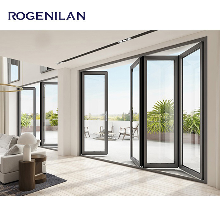 Rogenilan Bifolding Doors Aluminum Glazing Double Glass Panels Low E With Nylon Screen Patio Accordion Doors