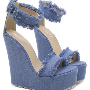 New women's Wedges Denim Ankle Strap Shoe Super High Heel Sandals Women's shoe