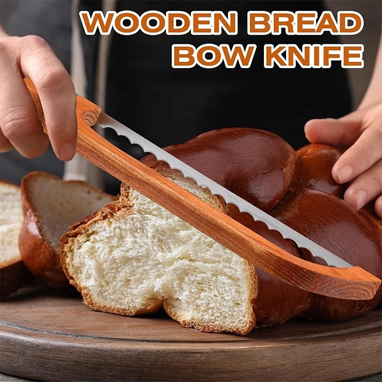 Roilife Wholesale Price Professional Stainless Steel Serrated Bread Bow Knife with Wooden Handle