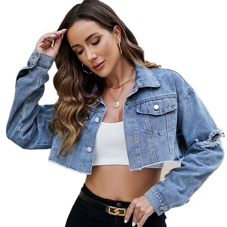 Top Quality Manufactures Crop Denim Jacket Woman Blue Jeans Streetwear Short Ripped Jeans Denim Crop Jacket For Women