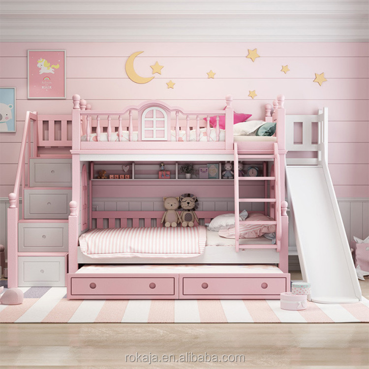 Princess Castle Pink Bed With Storage Box Girls Kid Bunk Beds Solid Wood Girls Bedroom Set Furniture