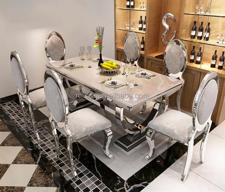 Metal Dining Room Set Silver Frame Marble Top Dining Table Set With 6 8 10 Chairs Luxury Kitchen Restaurant Furniture