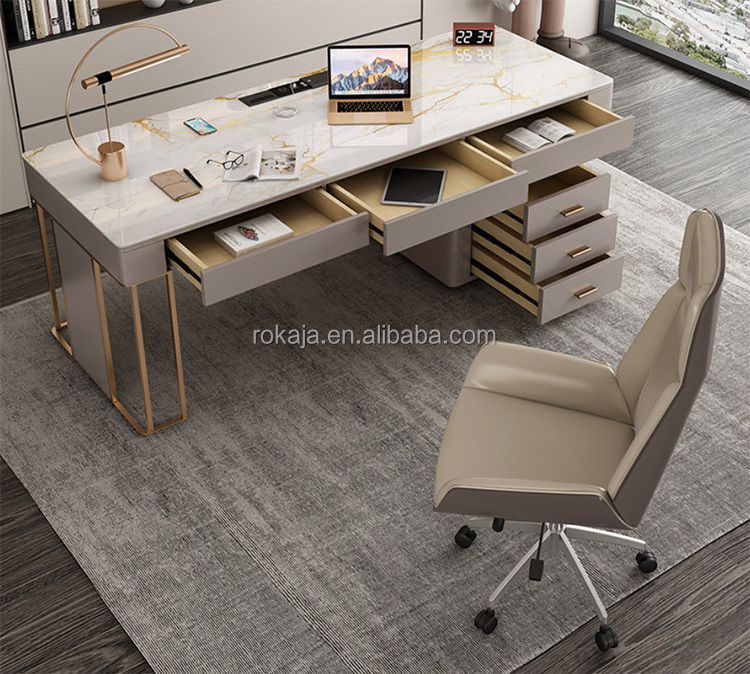 Modern Multifunctional Office Table With Drawers Rock Board Top Stainless Steel Leg Computer Study Desk Home Office Furniture