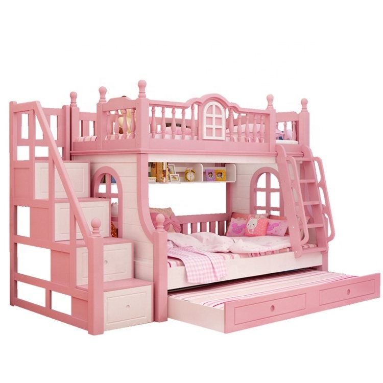 Princess Castle Pink Bed With Storage Box Girls Kid Bunk Beds Solid Wood Girls Bedroom Set Furniture