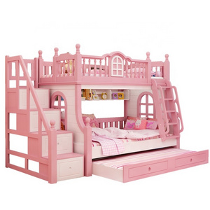 Princess Castle Pink Bed With Storage Box Girls Kid Bunk Beds Solid Wood Girls Bedroom Set Furniture