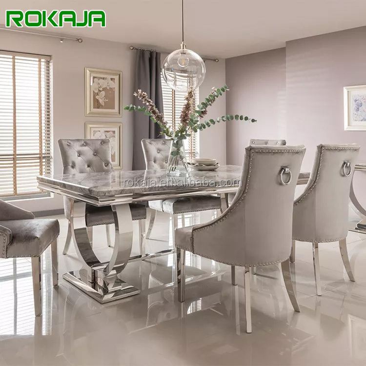 Metal Dining Room Set Silver Frame Marble Top Dining Table Set With 6 8 10 Chairs Luxury Kitchen Restaurant Furniture