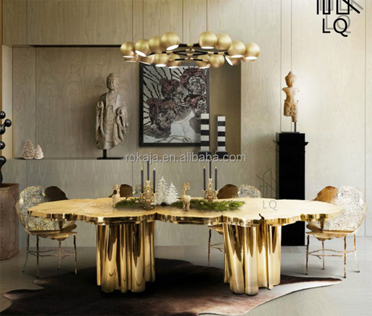 Luxury Tree Trunk Design Unique Dining Table Set Curved Gold Stainless Steel Polished Mirror 8 10 12 Seats Dinner Table