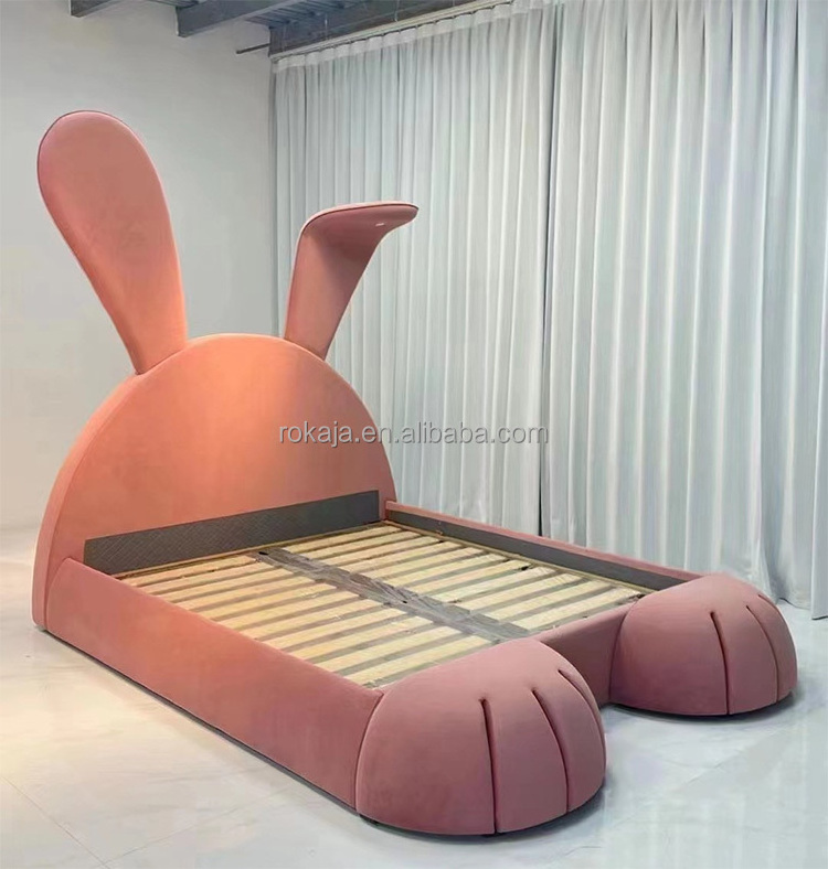 Modern Children's Single Bed Cute Pink Rabbit Shape Velvet Bed Bedroom Furniture Rabbit Ears Princess Sleeping Bed