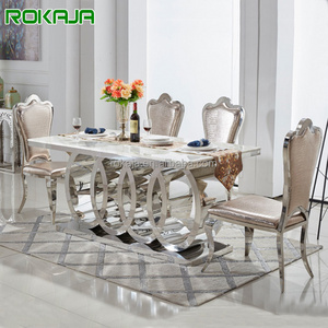 Luxury Marble Top Silver Stainless Steel 6 8 10 12 Seater Large Dining Table Set Dining Room Furniture Corner Console Tables