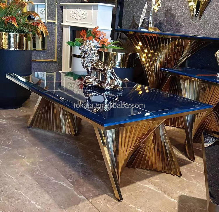 Creative Dining Table And Chairs Set Gold stainless steel Household Wedding Rectangular Retro Vein Marble Dinning Table Set