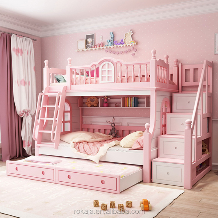 Princess Castle Pink Bed With Storage Box Girls Kid Bunk Beds Solid Wood Girls Bedroom Set Furniture