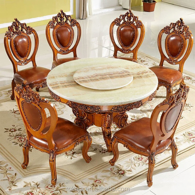 Antique Wooden Hand Carved Royal Round Dining Table 6 Seater Solid Wood Dining Room Tables Furniture