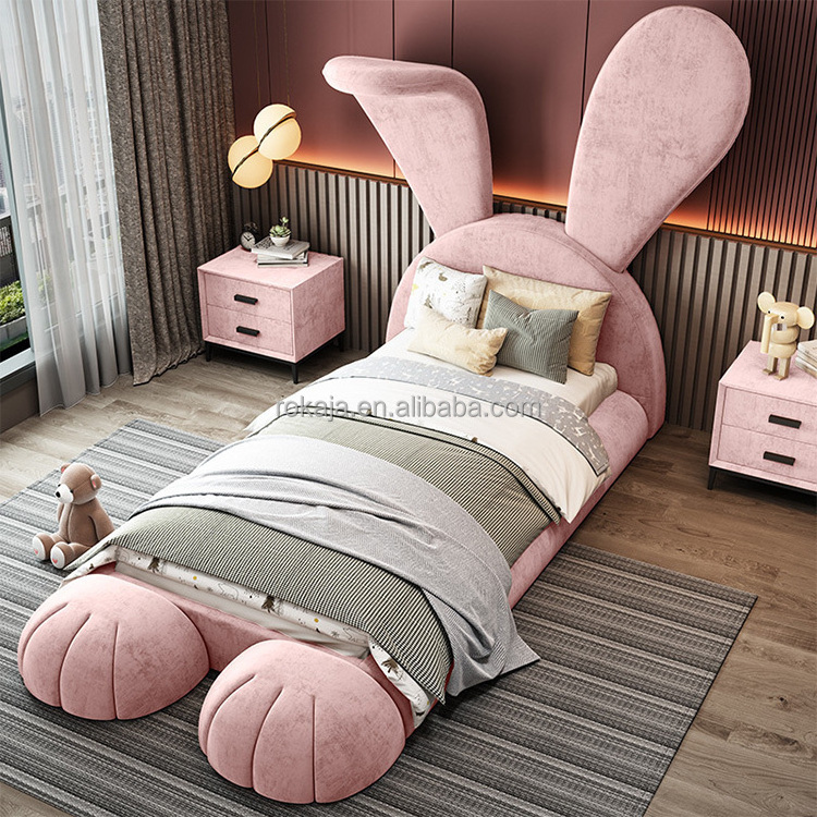 Modern Children's Single Bed Cute Pink Rabbit Shape Velvet Bed Bedroom Furniture Rabbit Ears Princess Sleeping Bed