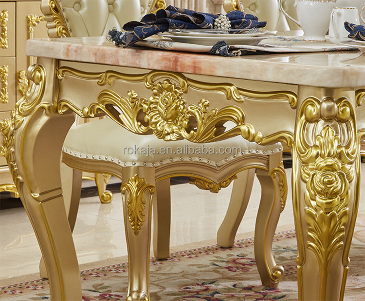 Marble Top Dining Table Set Solid Wood Carving Rectangular Dining Table Set 6 Chairs Elegant Gold Dining Room Table Set