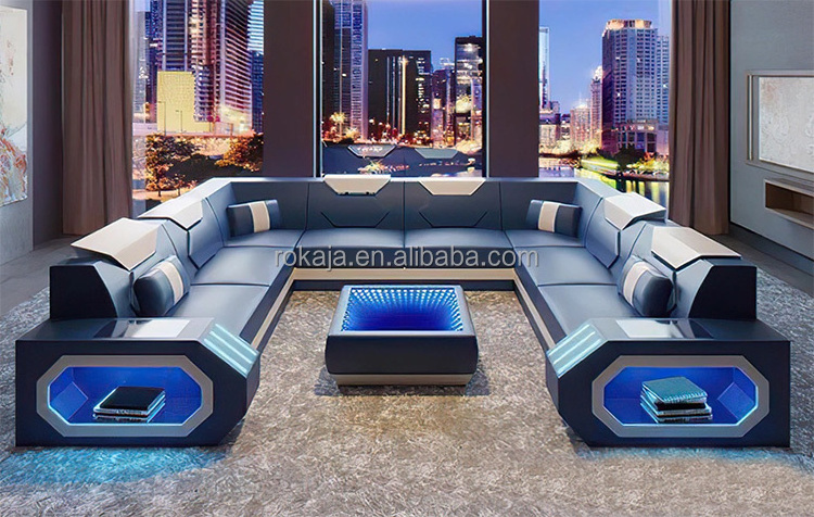 Modern Led Light Sofa Sectional Set Luxury Living Room Leather Sofa Multi-Function Furniture Wholesale Factory Direct Couch