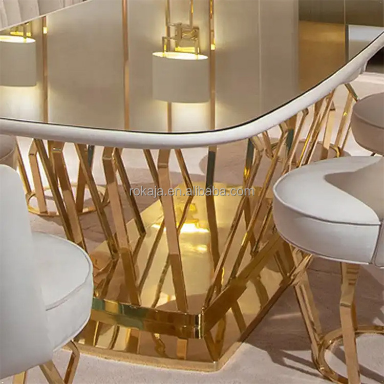 Modern Design Glass Dining Table Gold Stainless Steel Base 6 8 10 Seater Dining Table Banquet Party Rectangular Dinner Table