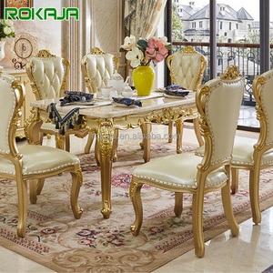 Marble Top Dining Table Set Solid Wood Carving Rectangular Dining Table Set 6 Chairs Elegant Gold Dining Room Table Set