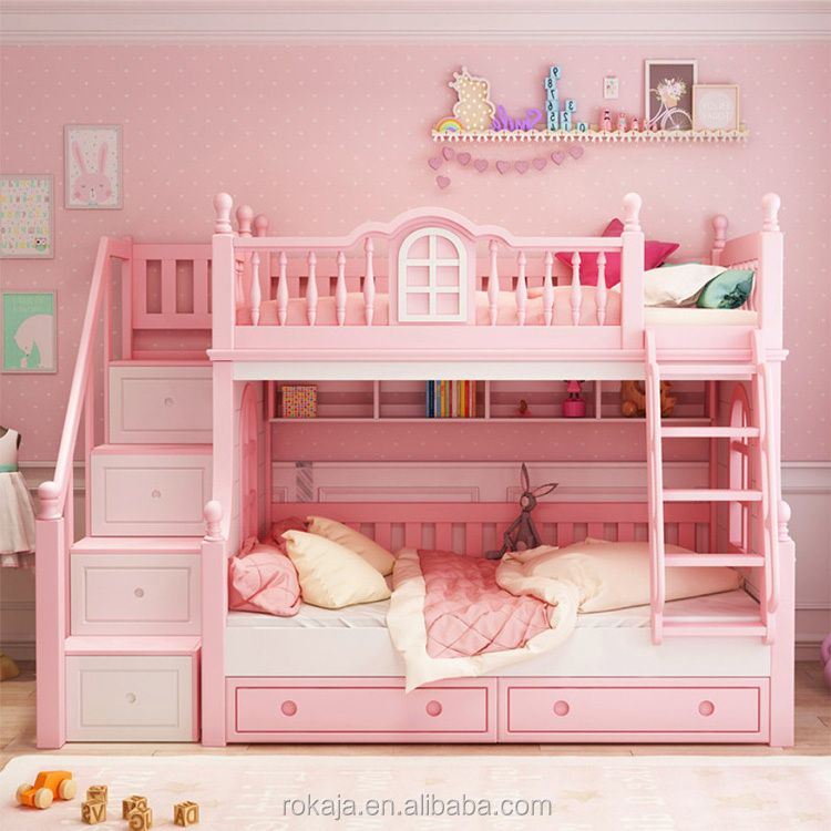 Princess Castle Pink Bed With Storage Box Girls Kid Bunk Beds Solid Wood Girls Bedroom Set Furniture