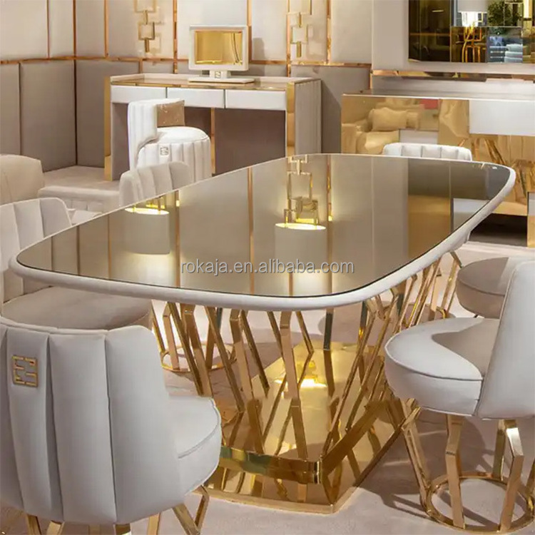 Modern Design Glass Dining Table Gold Stainless Steel Base 6 8 10 Seater Dining Table Banquet Party Rectangular Dinner Table