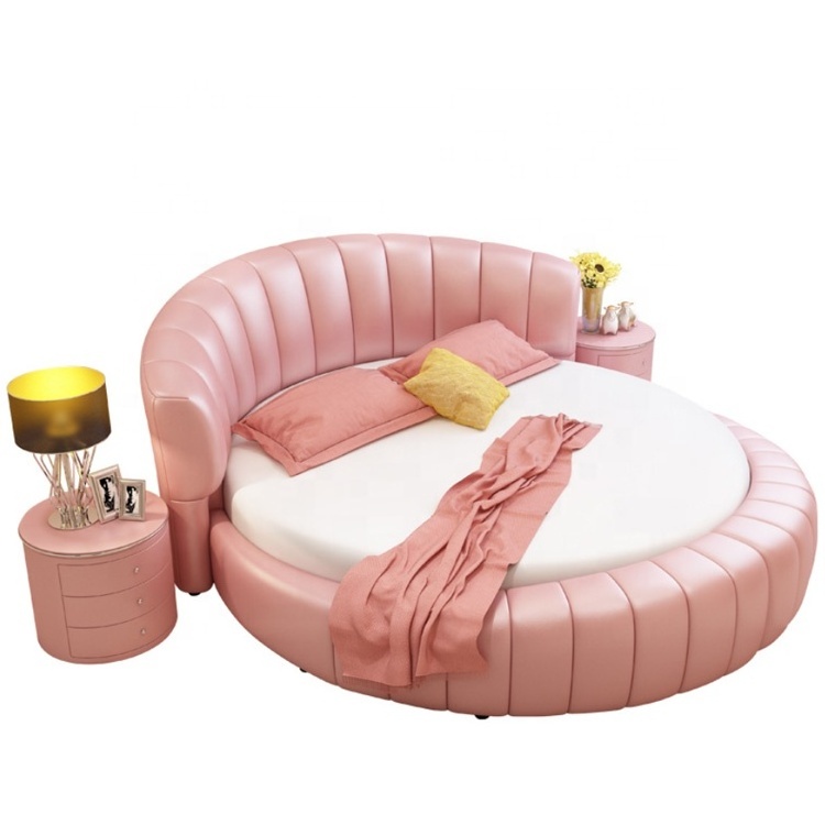 Round Pink Leather Bedroom Furniture Lovely Beds For Kids Modern Royal Princess Bed Set