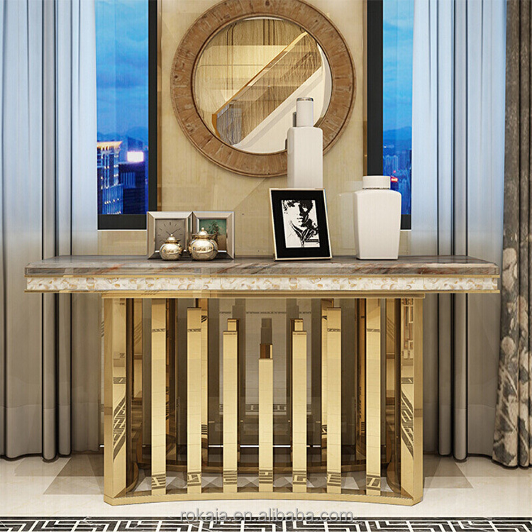 Luxury Gold Stainless Steel Living Room Furniture Rectangle Console Table With Mirror Entrance Tables