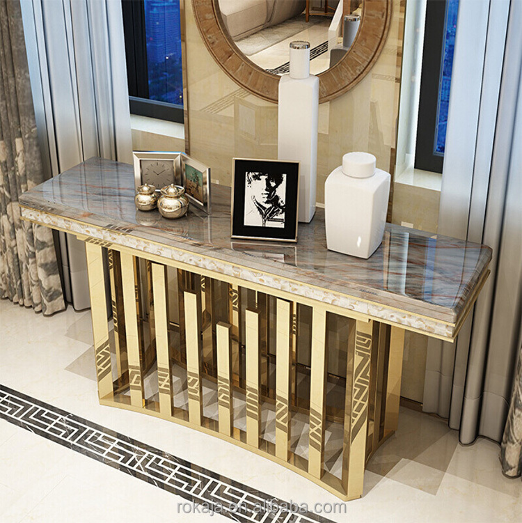 Luxury Gold Stainless Steel Living Room Furniture Rectangle Console Table With Mirror Entrance Tables