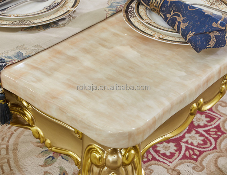 Marble Top Dining Table Set Solid Wood Carving Rectangular Dining Table Set 6 Chairs Elegant Gold Dining Room Table Set