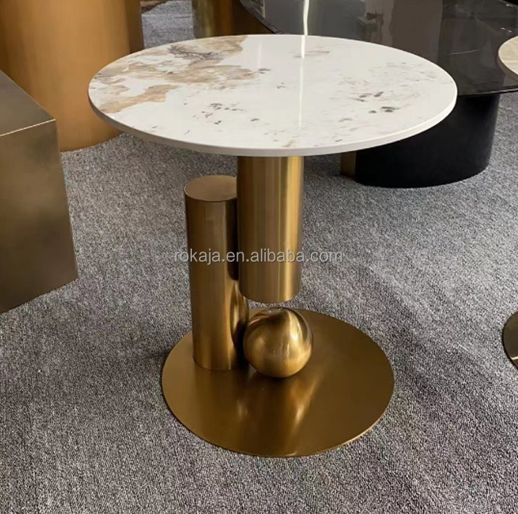 Luxury Golden Ball Base Design Coffee Table Set Marble Stone Top Stainless Steel Frame Tea Center Table