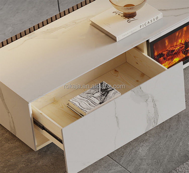 Modern Simulated Flame TV Stand Decorative Cabinet Electric Fireplace Design Rock Marble Top Coffee Table