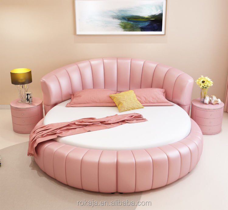 Round Pink Leather Bedroom Furniture Lovely Beds For Kids Modern Royal Princess Bed Set