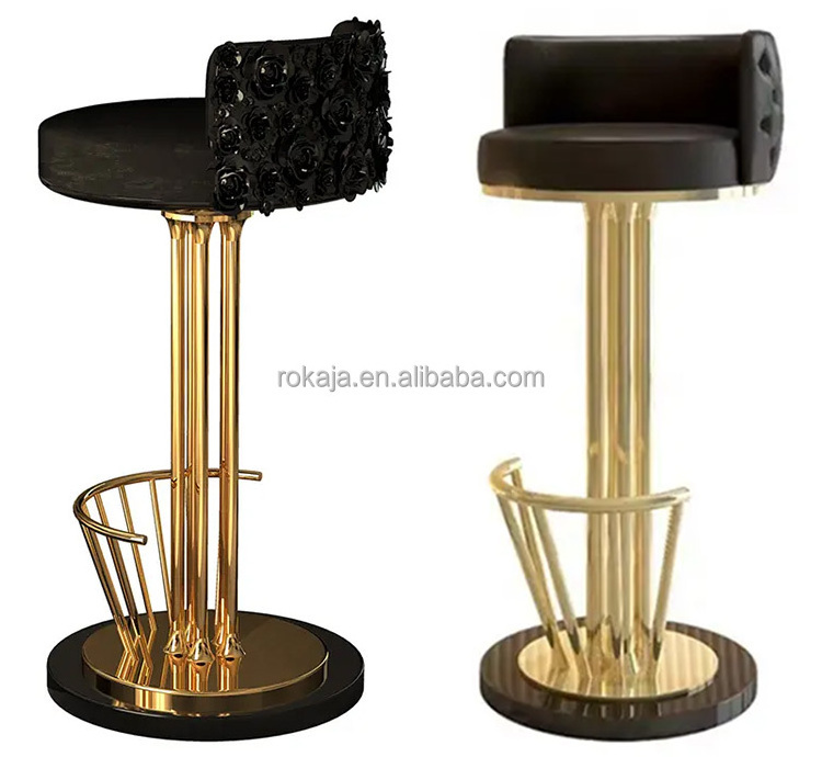 High-End Fashion Bar Chair Velvet Upholstered Stainless Steel High Feet Bar Stool French Rose Design Back Bar Chair Dining