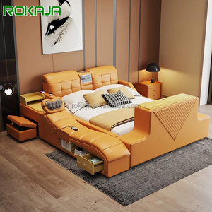 Luxury Multifunctional Double Bed Leather Smart Bed Speaker Air Purifier And Safe Box Electric Massage Chair Bed TV Position