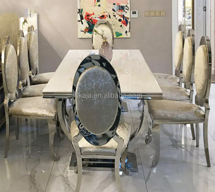 Metal Dining Room Set Silver Frame Marble Top Dining Table Set With 6 8 10 Chairs Luxury Kitchen Restaurant Furniture