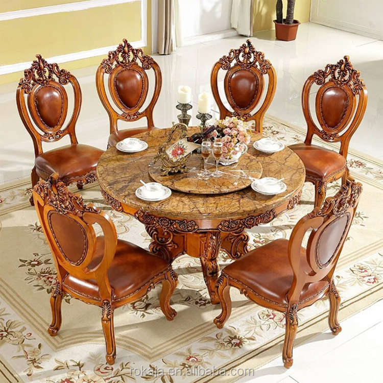 Antique Wooden Hand Carved Royal Round Dining Table 6 Seater Solid Wood Dining Room Tables Furniture