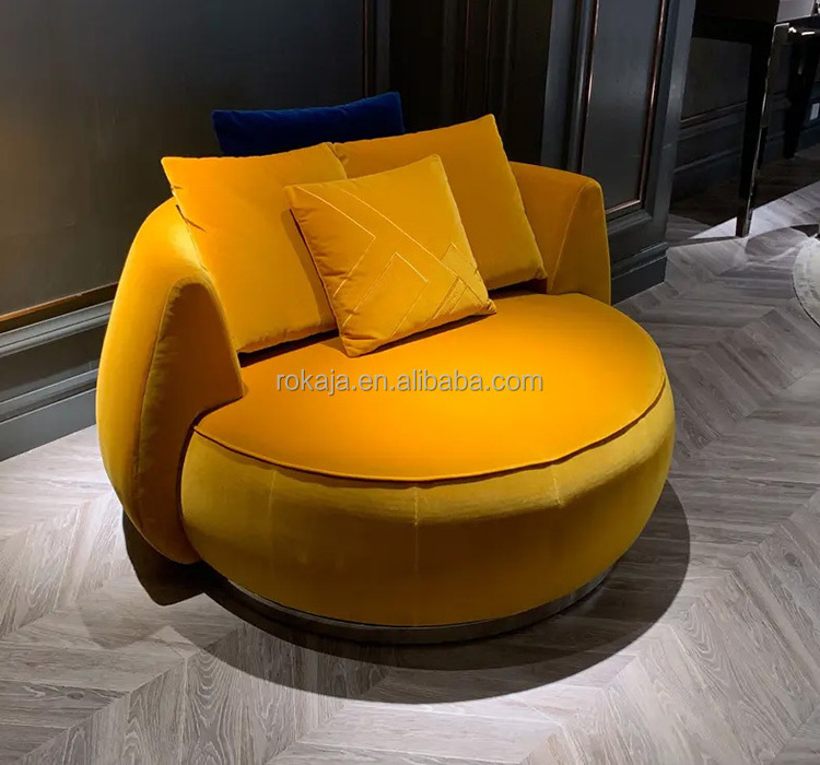 Luxury Hotel Lobby Corner Sofa Velvet Fabric Swivel Chairs Villa Leisure Resting Rotating Big Round Single Sofa Chair