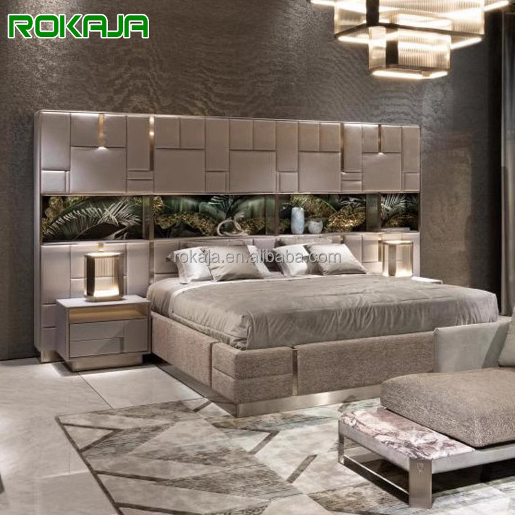 Top Brand King Size Bed Mattress Set Italian Design Luxury Headboard Bookcase And Stainless Steel Base Soft Fabric Bed