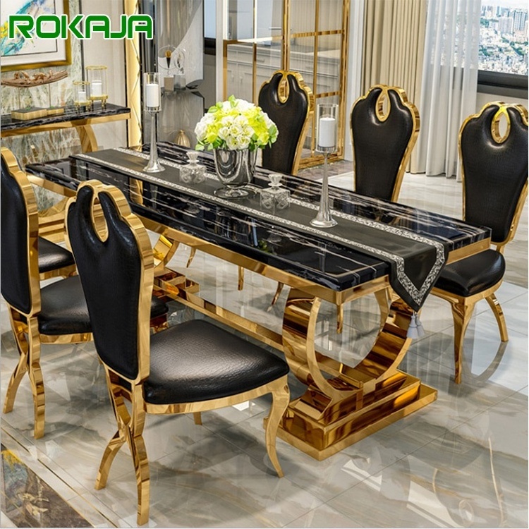 American Modern Simple Royal 6 8 10 Seater Dinner Table Set Marble Stainless Steel Metal Living Dining Room Table Furniture