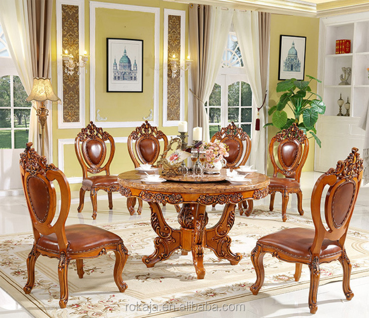 Antique Wooden Hand Carved Royal Round Dining Table 6 Seater Solid Wood Dining Room Tables Furniture