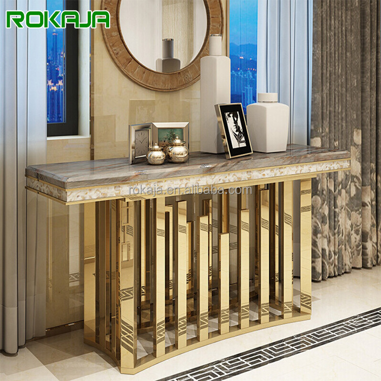 Luxury Gold Stainless Steel Living Room Furniture Rectangle Console Table With Mirror Entrance Tables