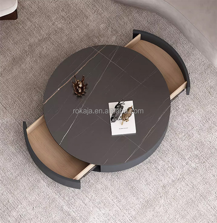 Simple Rock Slab Round Coffee Table Stainless Steel Base Center Table With Drawer Hotel Living Room Glass Side Table Combination