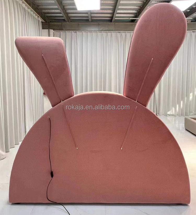 Modern Children's Single Bed Cute Pink Rabbit Shape Velvet Bed Bedroom Furniture Rabbit Ears Princess Sleeping Bed