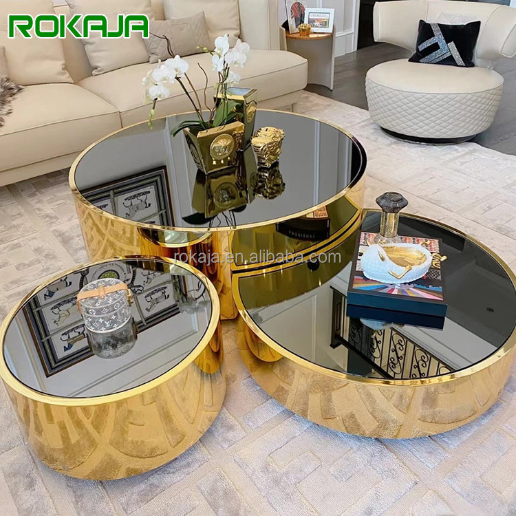 Luxury Round Glass Top Coffee Table Set Creative Three Sizes Glossy Matte Gold Stainless Steel Frame Marble Center Tea Table