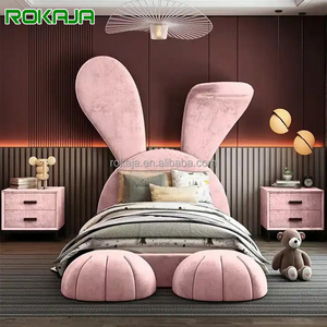 Modern Children's Single Bed Cute Pink Rabbit Shape Velvet Bed Bedroom Furniture Rabbit Ears Princess Sleeping Bed