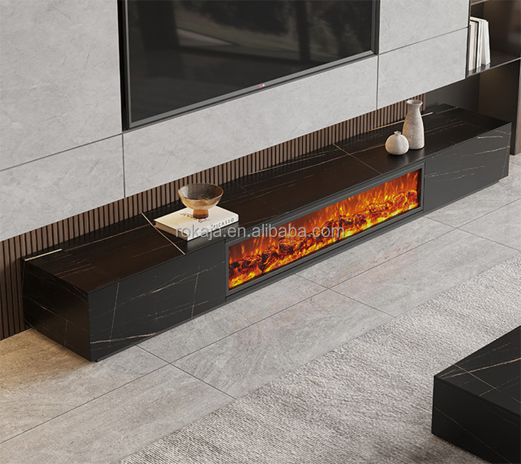 Modern Simulated Flame TV Stand Decorative Cabinet Electric Fireplace Design Rock Marble Top Coffee Table