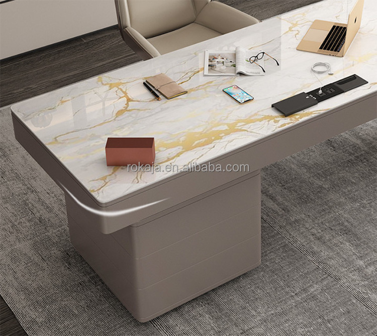 Modern Multifunctional Office Table With Drawers Rock Board Top Stainless Steel Leg Computer Study Desk Home Office Furniture