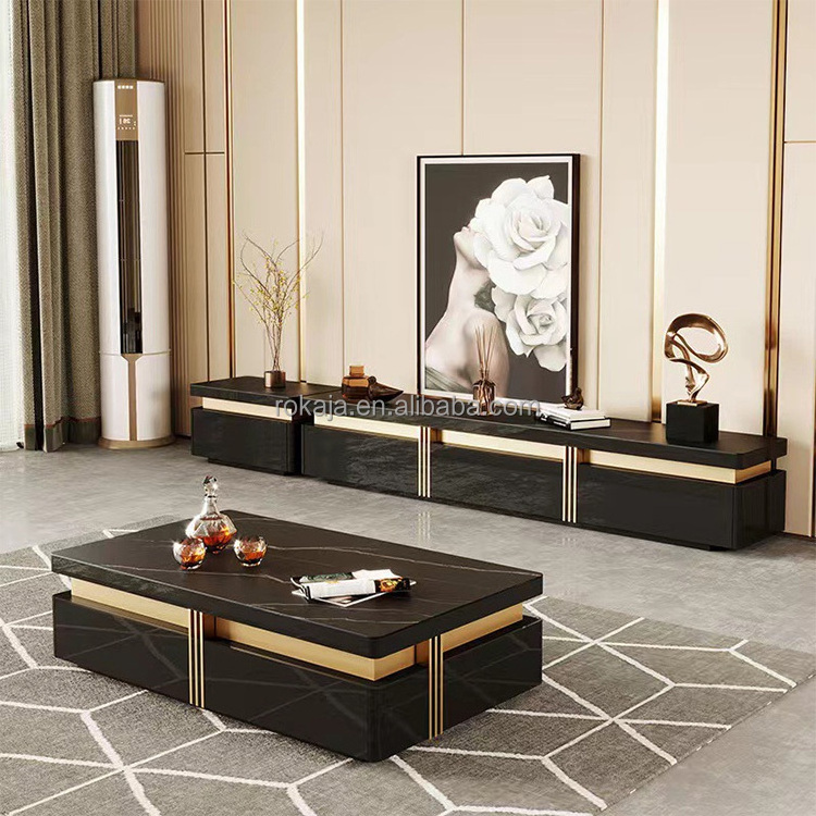 High Quality Sintered Stone Coffee Table Tv Cabinet Set Rectangular Coffee Table With Solid Wood Drawers Living Room Tv Stand