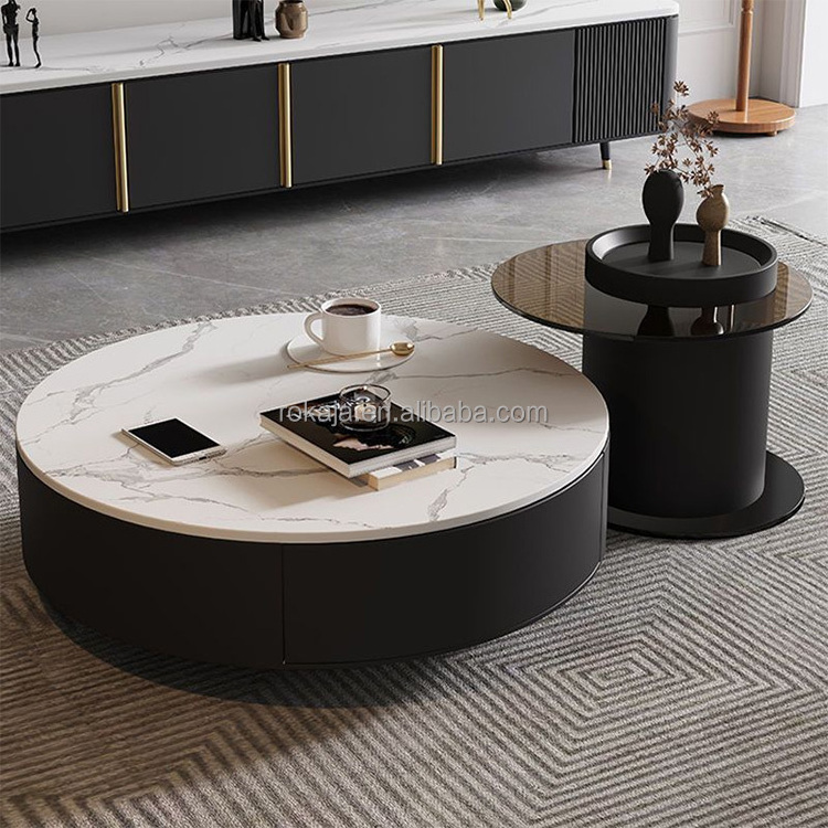 Simple Rock Slab Round Coffee Table Stainless Steel Base Center Table With Drawer Hotel Living Room Glass Side Table Combination